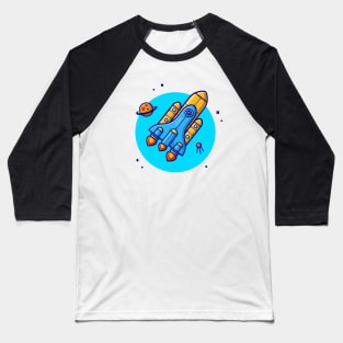 Space Shuttle Flying with Planet and Satellite Cartoon Vector Icon Illustration Baseball T-Shirt